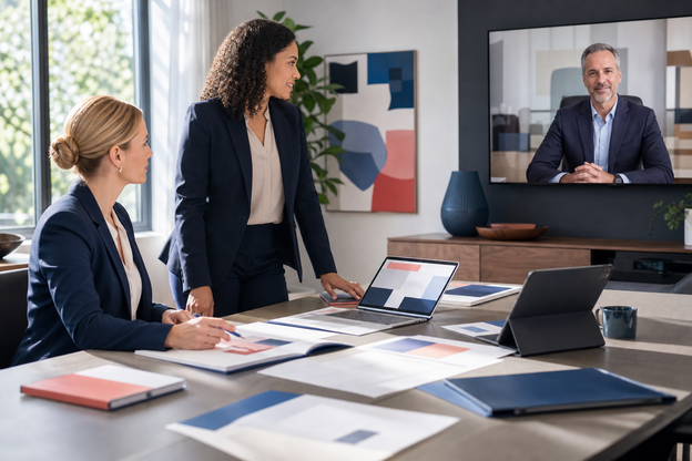 Practice team discusses expansion plans with a remote physician on a conference screen