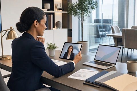Practice leader in business attire using a tablet for a remote physician consultation