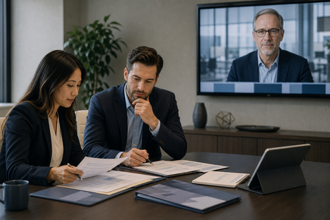 Two healthcare business professionals reviewing abstract documents while a physician joins remotely on a screen