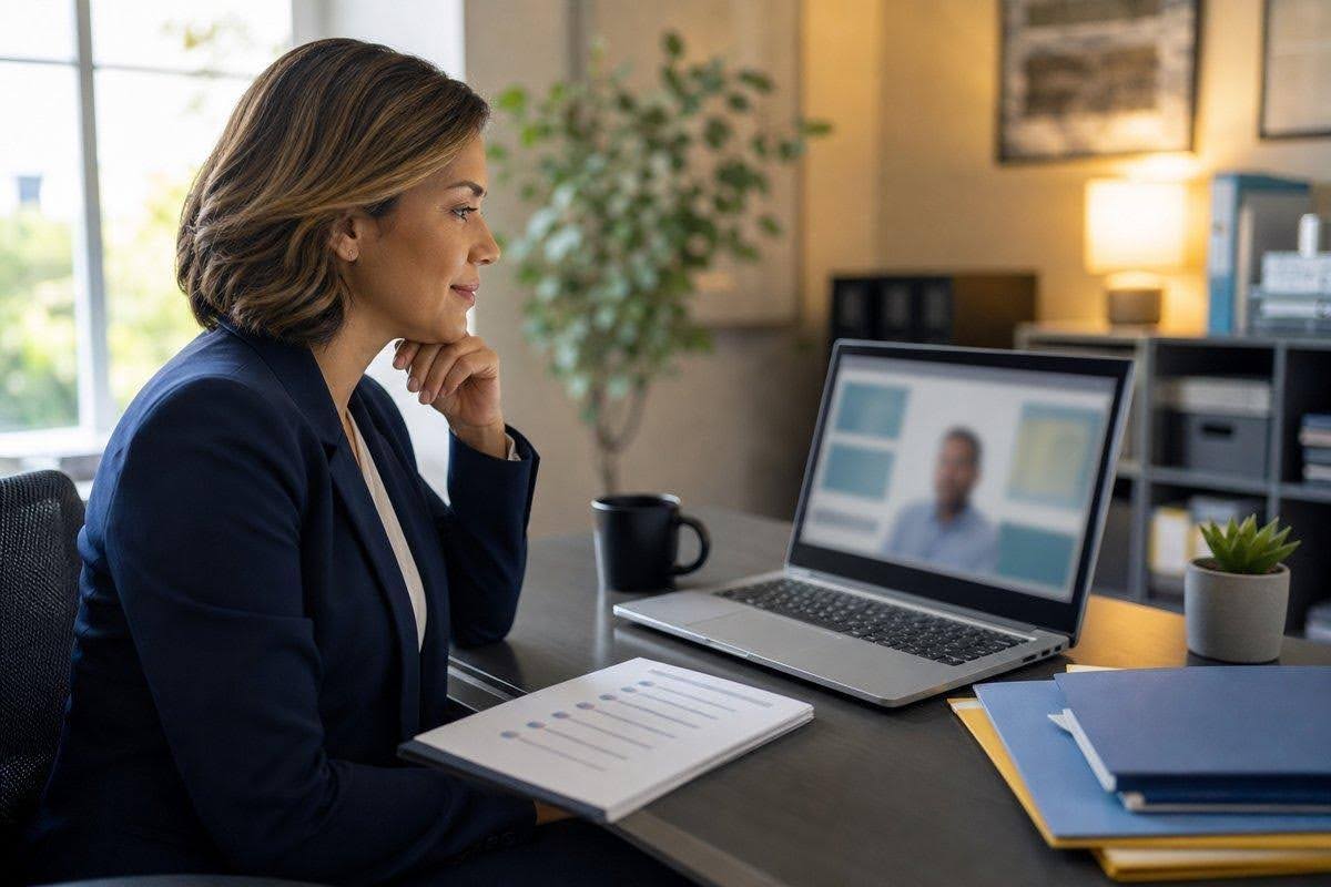 Practice owner preparing for a secure virtual consultation with a physician advisor.