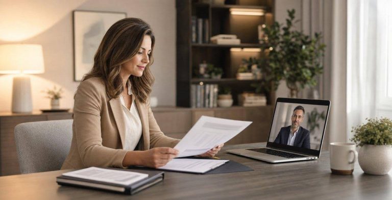 Practice owner reviewing abstract documents during a virtual physician oversight meeting.