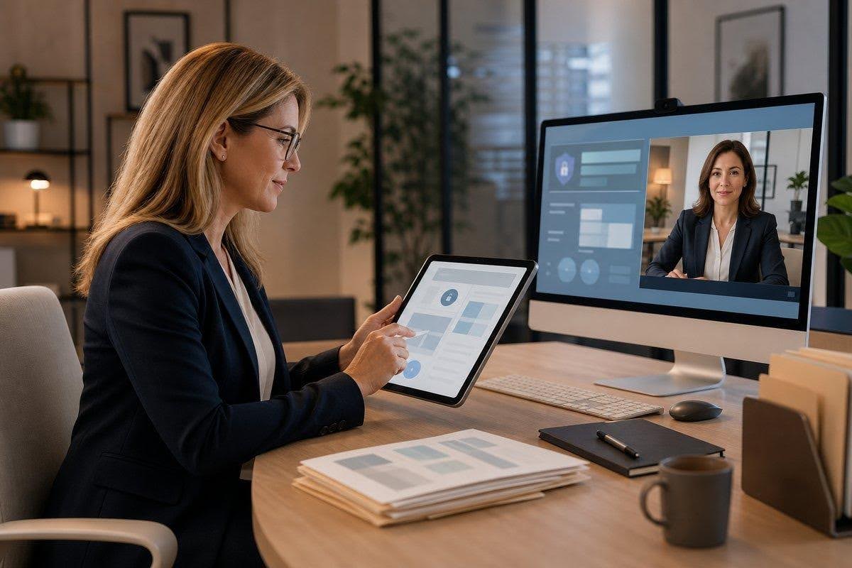 Practice manager reviewing a secure virtual workflow while a physician advisor appears on screen.