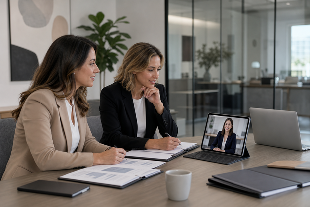 Two business professionals review abstract clinic safety documents during a remote physician meeting