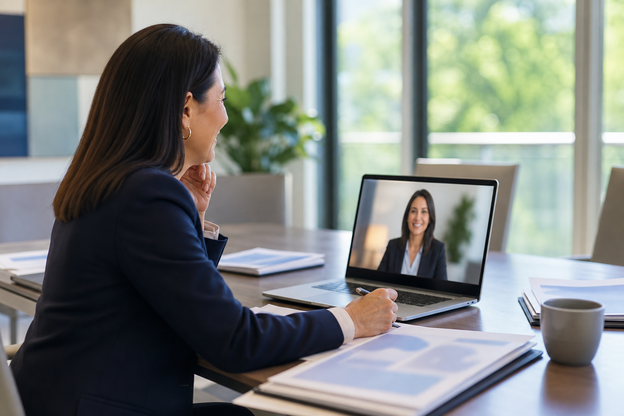 Practice owner prepares for a remote consultation with a physician from a bright business office