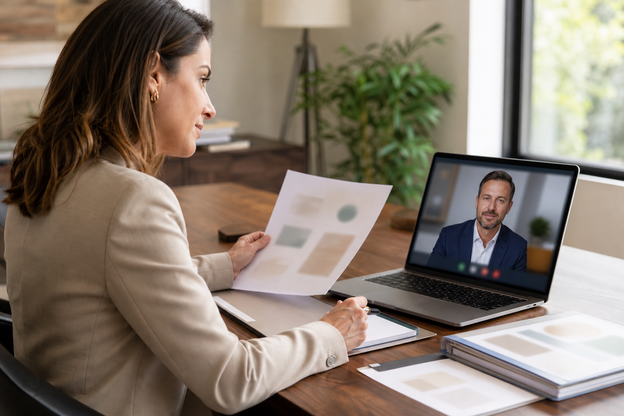 Practice owner reviews abstract clinic protocols during a remote physician consultation