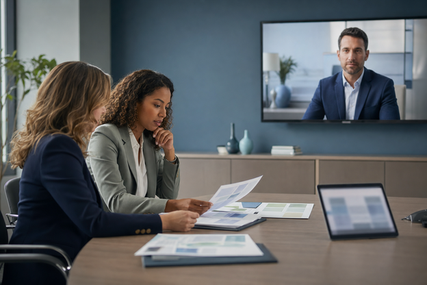 Practice leaders reviewing abstract protocols while a physician joins remotely on a conference screen