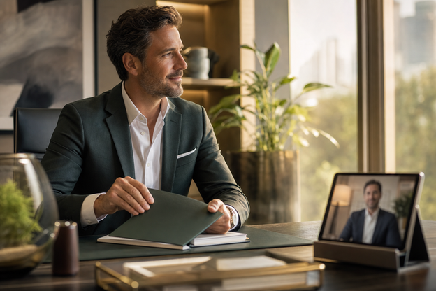 Healthcare entrepreneur completing a remote planning conversation with a physician on a tablet