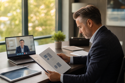 Practice owner reviewing protocol documents during a remote physician video meeting