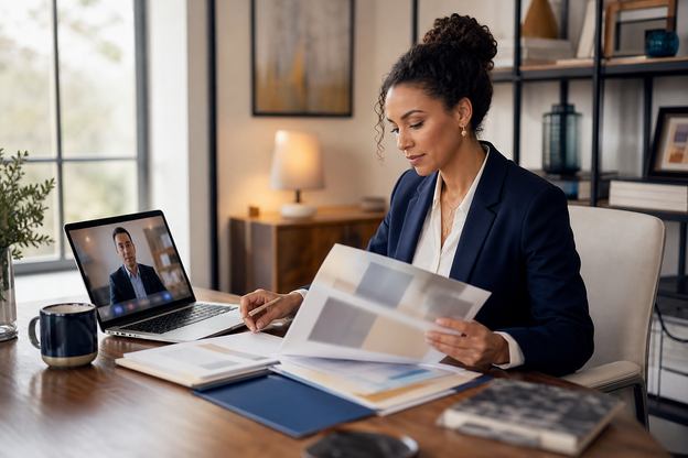 Practice owner reviews planning notes while a physician joins remotely on a laptop screen