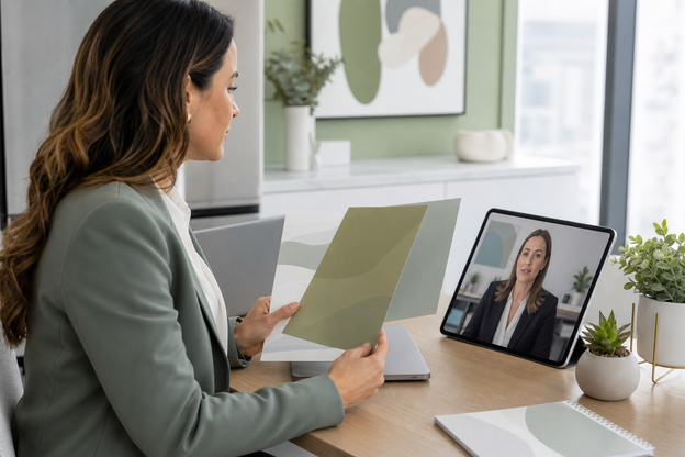 Practice administrator compares telehealth tools while a physician appears on a tablet screen