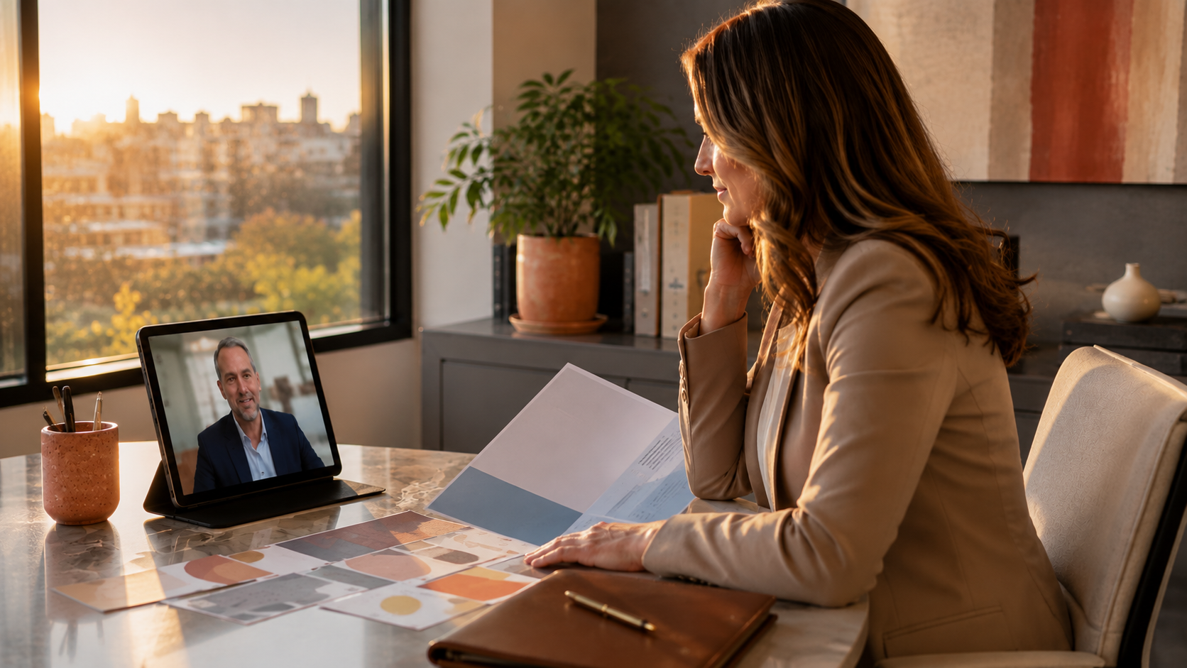 Practice founder completing a remote planning meeting with a physician from a professional office.