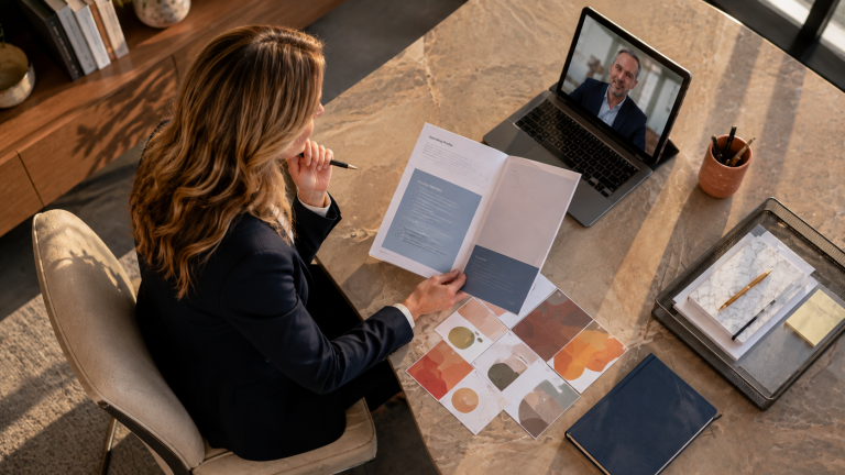 Med spa owner reviewing protocols during a remote video meeting with a physician.