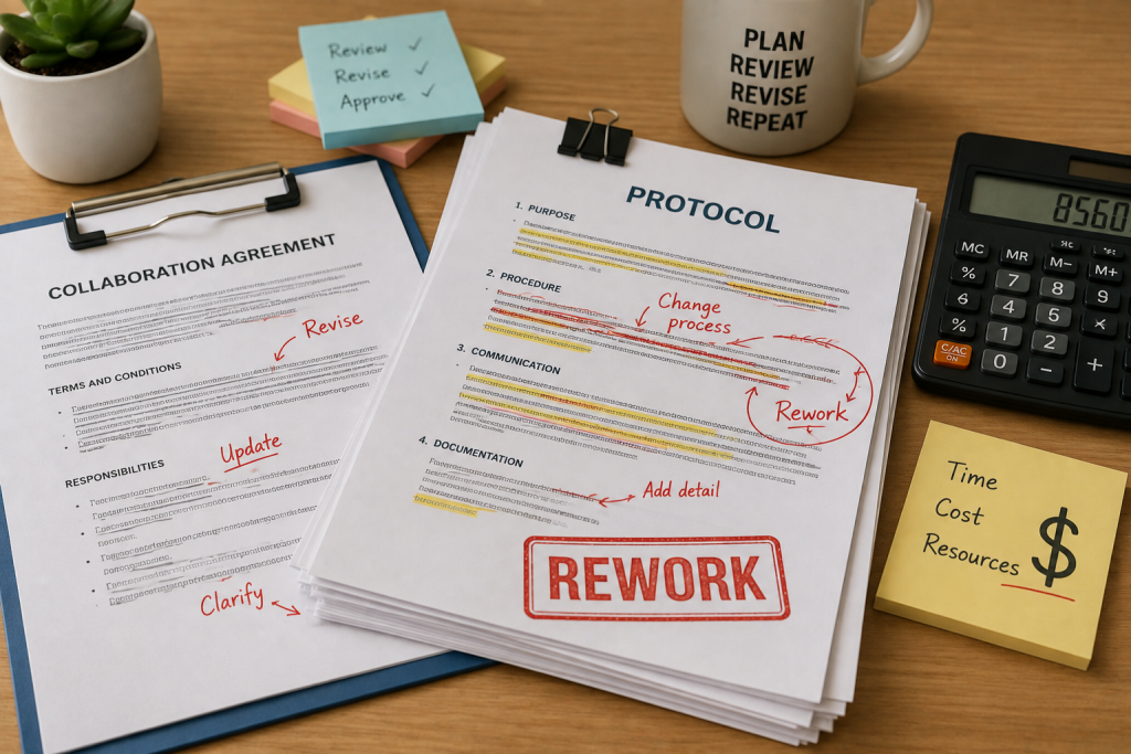 Collaboration agreement and protocol documents marked for revisions, highlighting the cost of rework