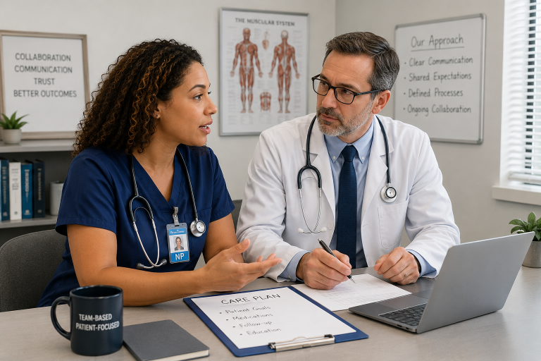 Nurse practitioner and collaborating physician discussing a care plan in a medical office