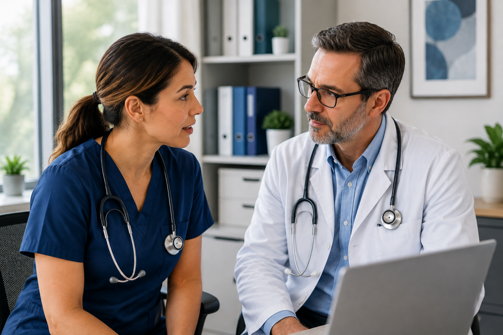 Nurse practitioner and physician discussing patient care in a medical office