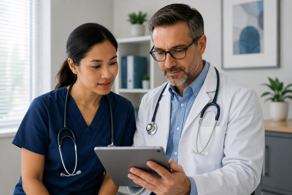 Healthcare professionals discussing patient care in a medical office