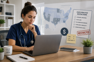 Woman healthcare professional working remotely while reviewing documents related to state practice restrictions