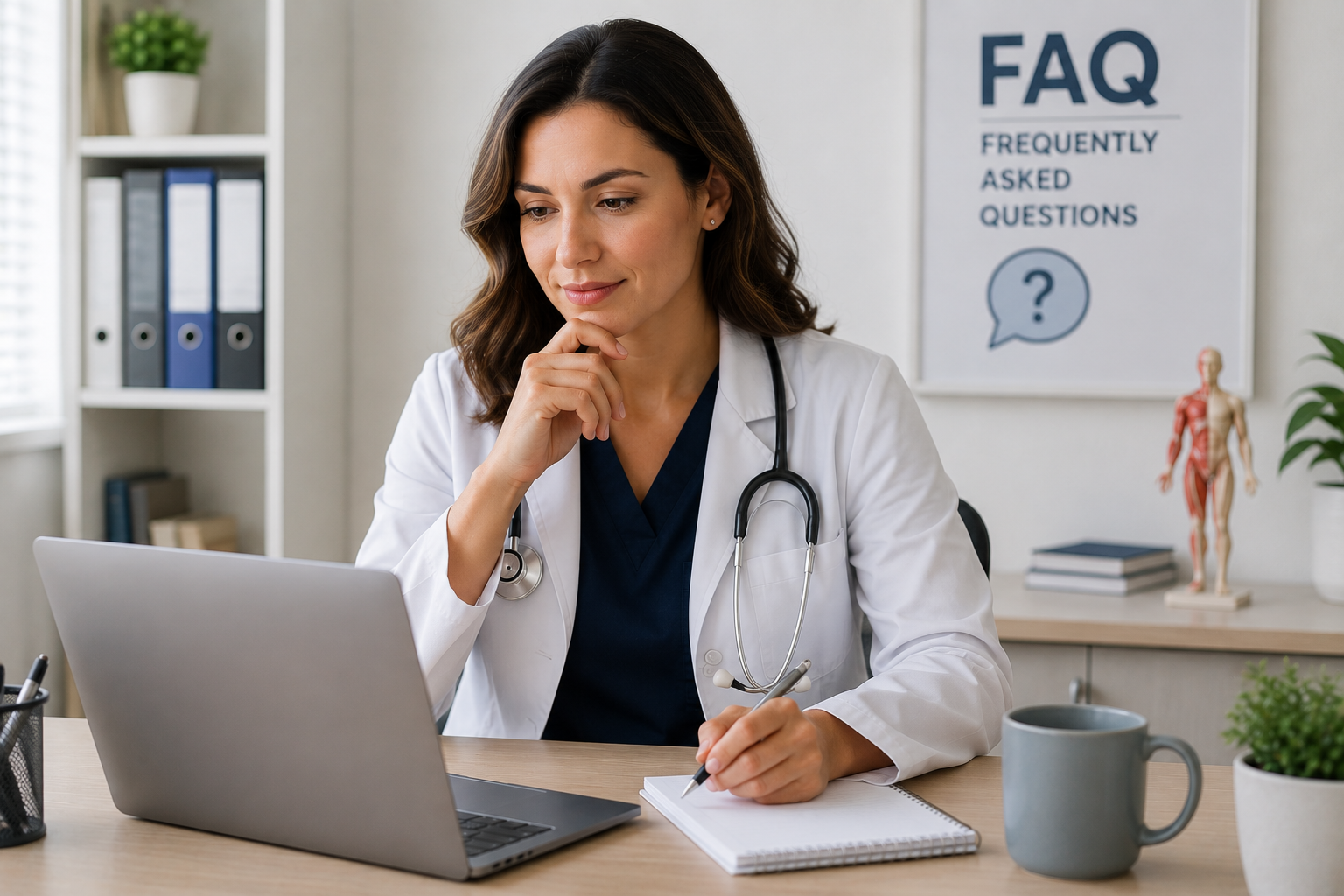 Medical professional reviewing questions and notes at a desk