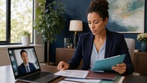 Nurse practitioner reviewing key questions during a remote meeting with a prospective collaborating physician