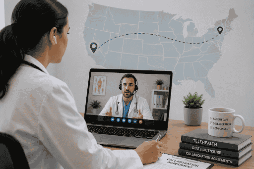 Two medical professionals collaborating through a telehealth video call across state lines