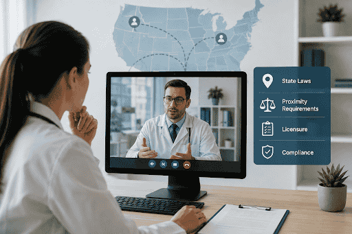 Telehealth physicians collaborating remotely while considering physical presence and state requirements
