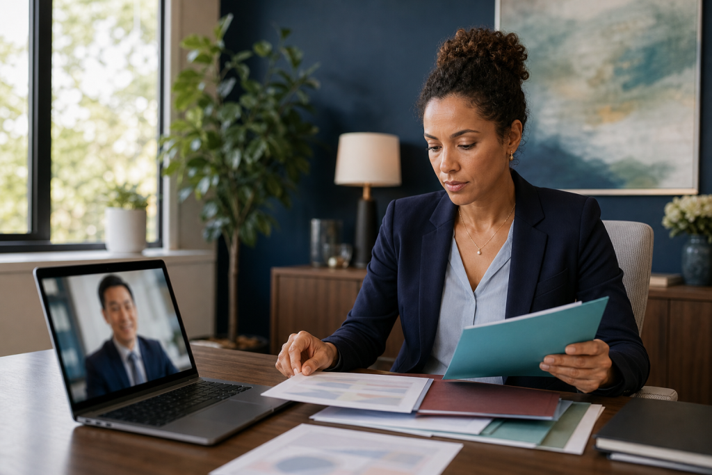 Physician assistant practice owner reviewing med spa business and clinical planning documents during a remote physician consultation.