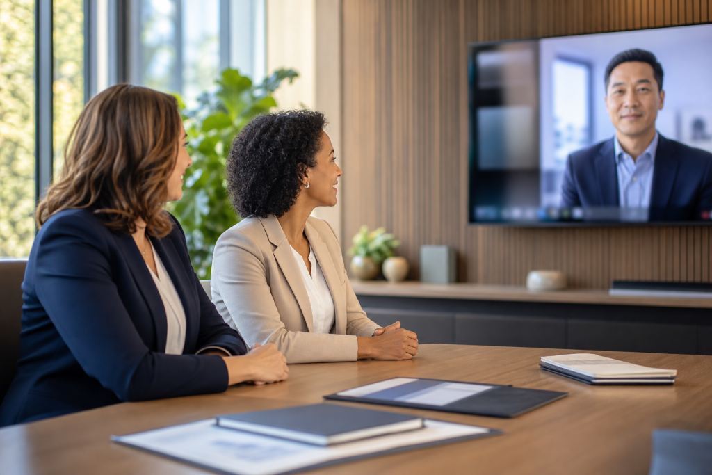 Physician assistant and practice manager meeting remotely with a physician about med spa operations and clinical oversight.
