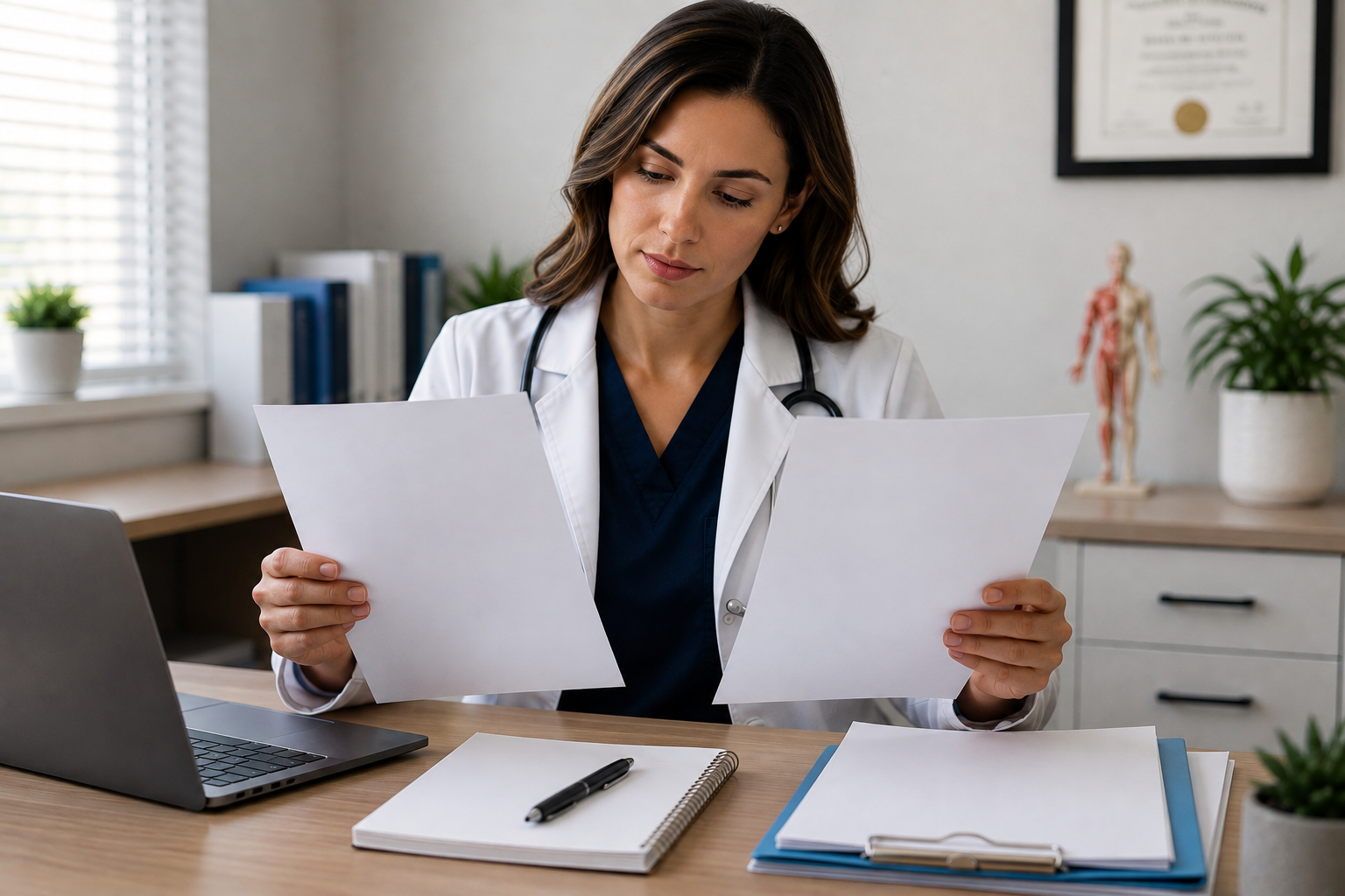 Medical professional reviewing an agreement and current practice scope documents