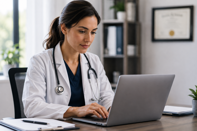 Physician reviewing a restricted practice state license renewal checklist on a laptop