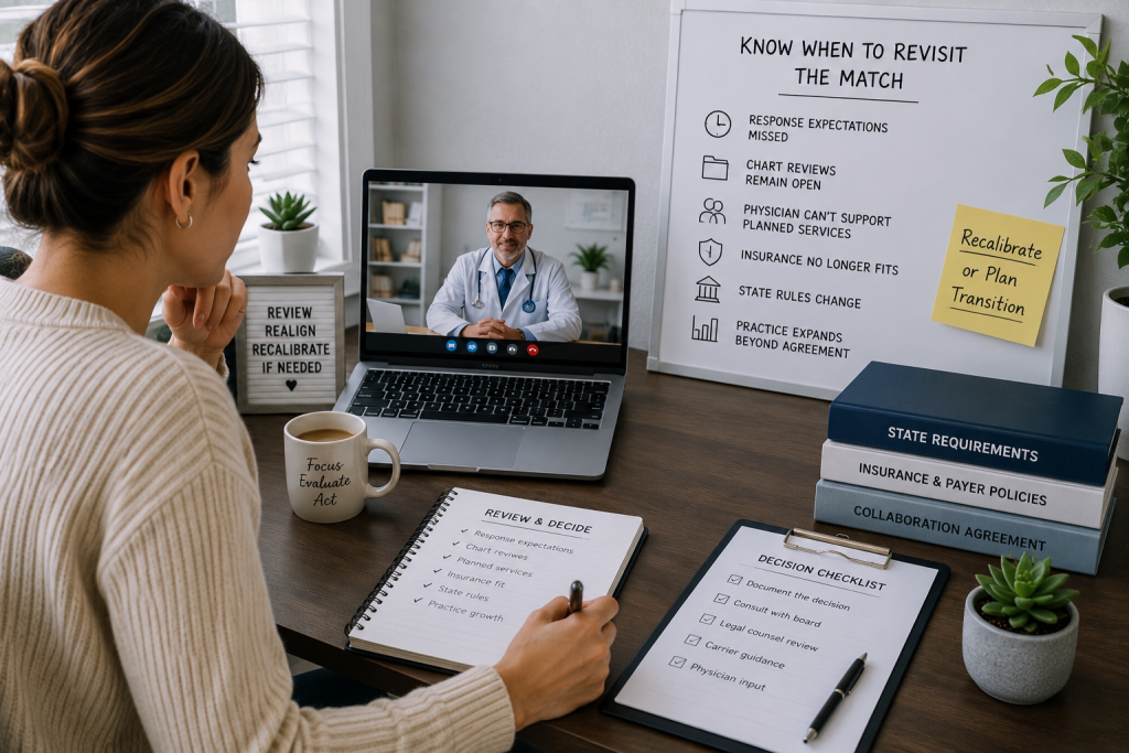 Healthcare professional reviewing a remote physician collaboration arrangement and deciding when to revisit the agreement
