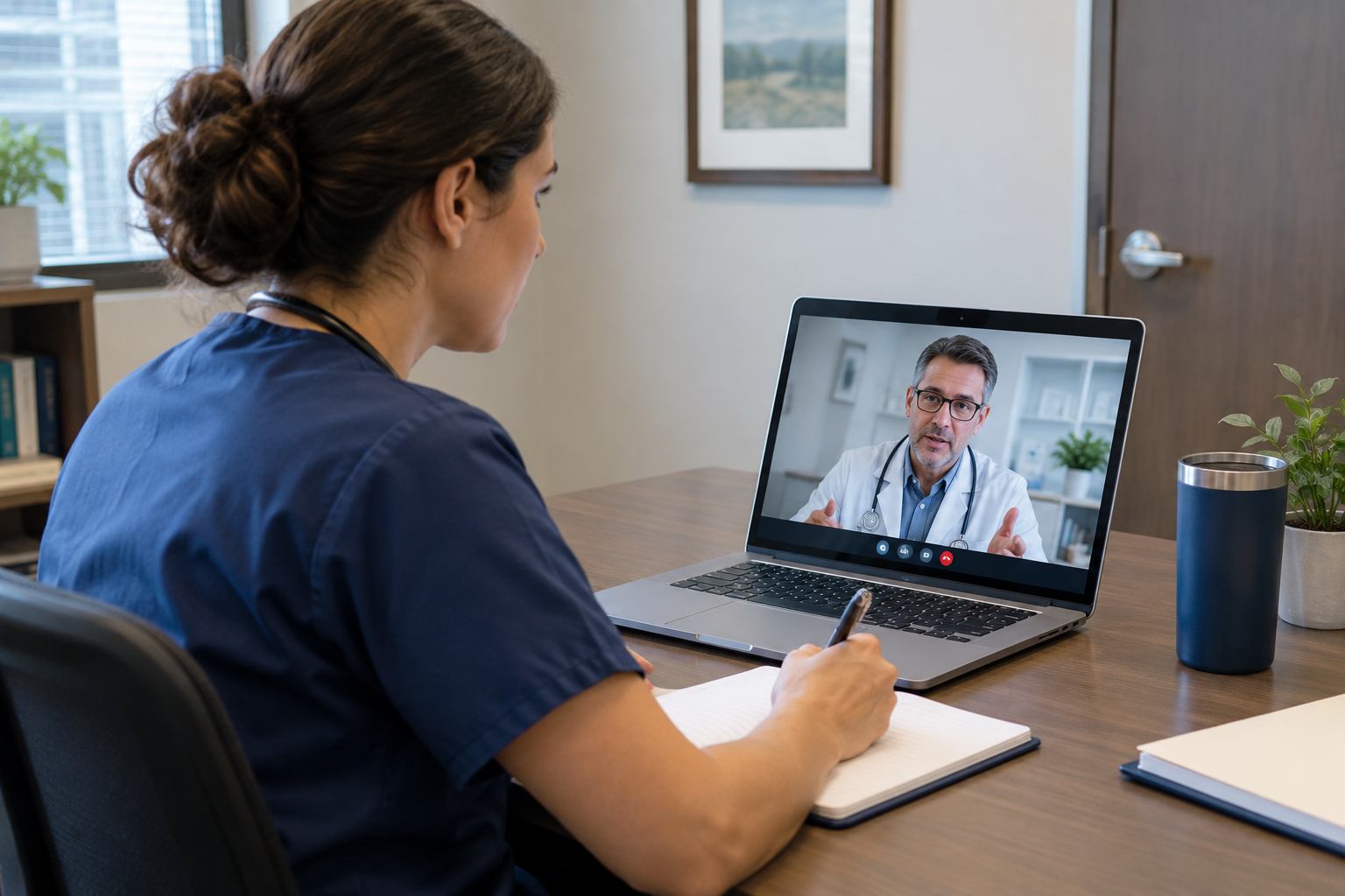 Clinician consulting with a remote physician on a laptop in a private office