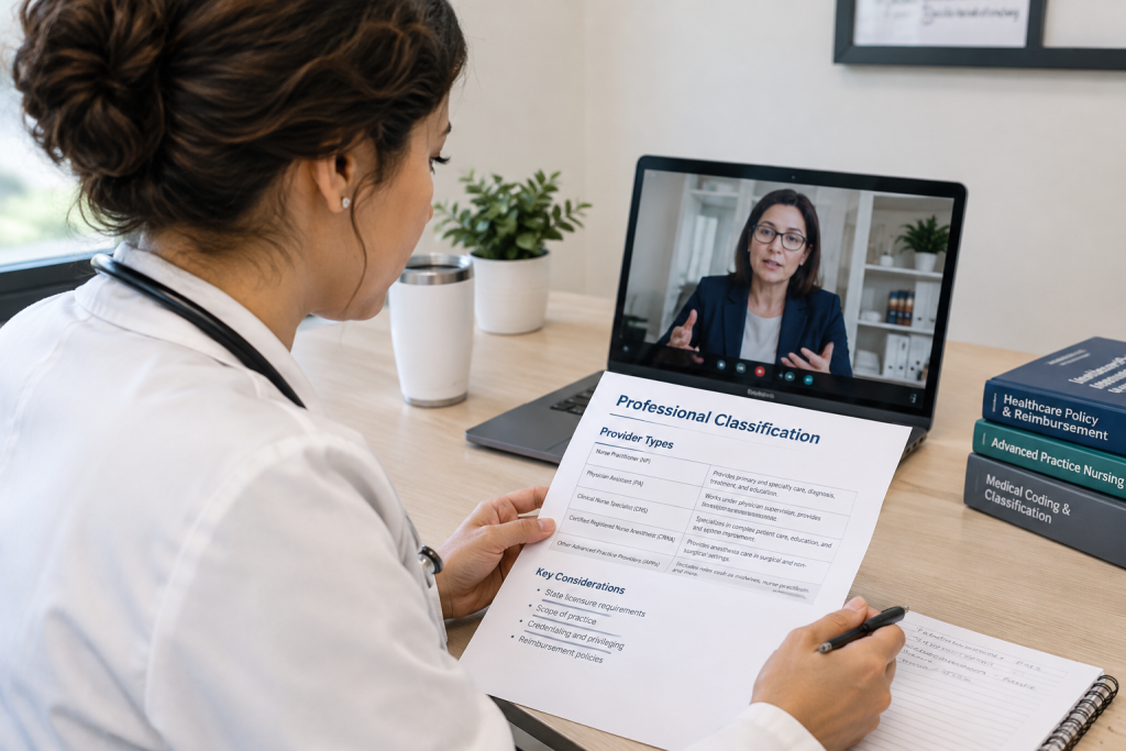 Nurse practitioner reviewing professional classification information during a video call