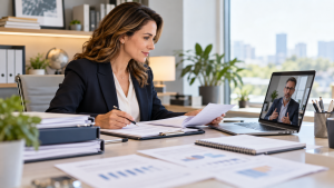 Nurse practitioner reviewing credentials during a remote consultation