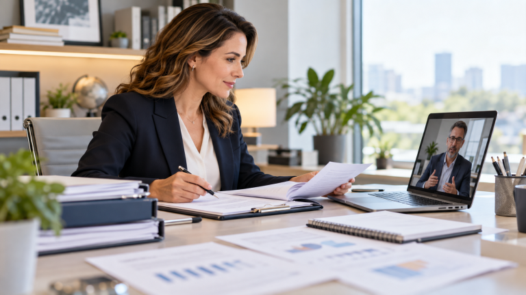 Nurse practitioner reviewing credentials during a remote consultation