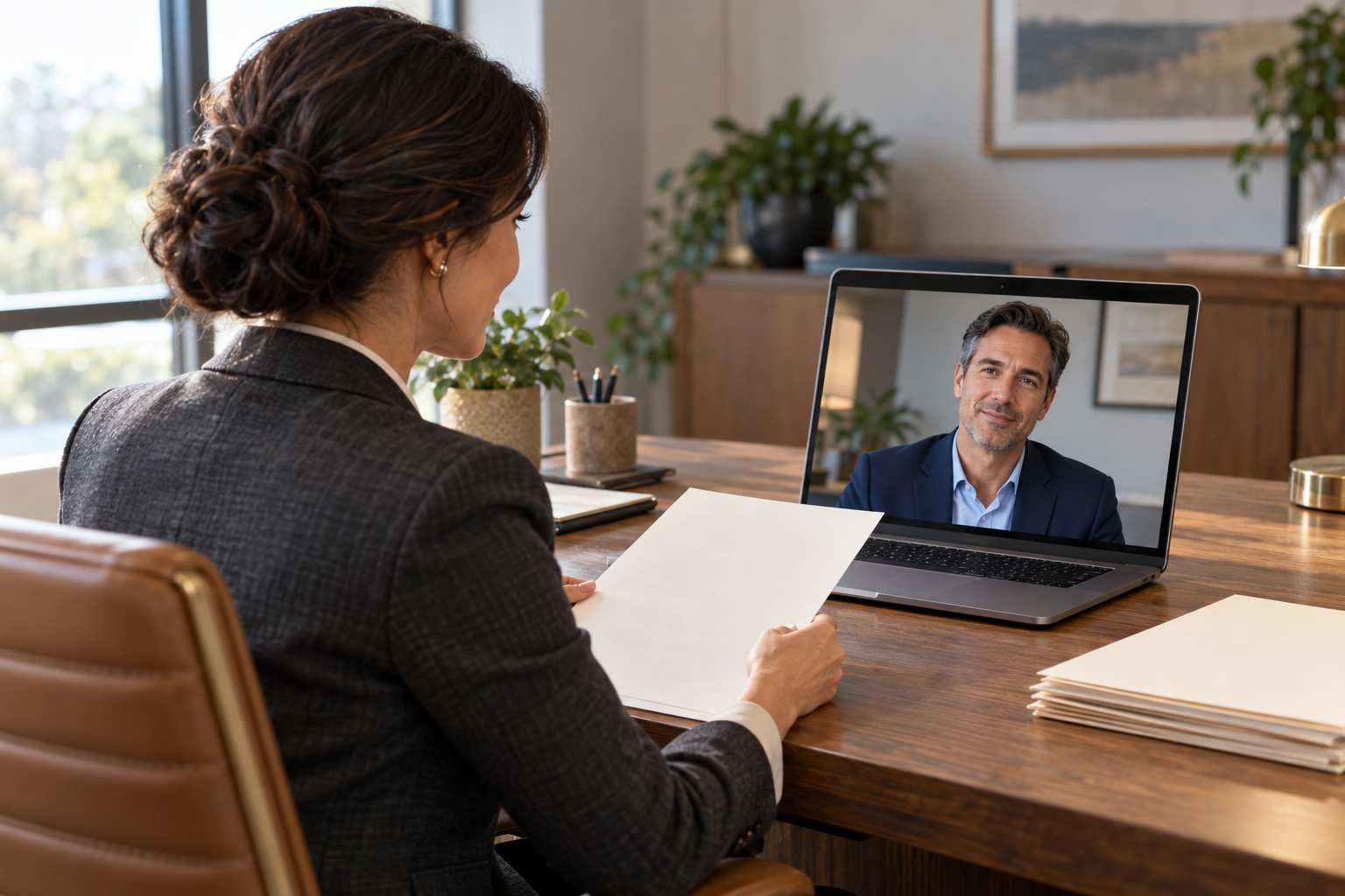 Nurse practitioner discussing practice planning with a physician remotely 

