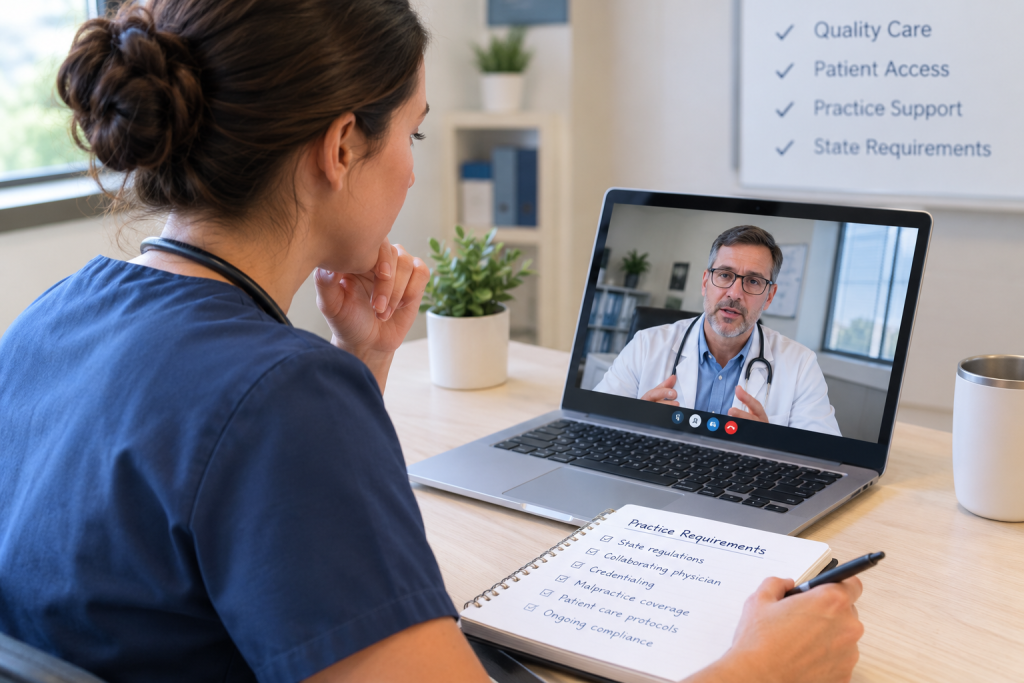 Nurse practitioner consulting with a physician remotely about practice requirements 
